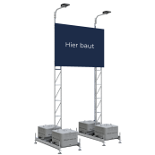 Mounting device | for various advertising board sizes | Dimensions of advertising board: 3.00 x 2.00 m consisting of: | 2 x set up frame, galvanized (part-no. 35350) | 4 x concrete set up device, 600 kg (part-no. 3F120) | 2 x lattice tower, galvanized, 6150 mm (part-no. 353017) | 2 x board holder 3.00 x 2.00 m (part-no. 353330) | 4 x rotary coupler, galvanized (part-no. 3F120-5) | without spotlight